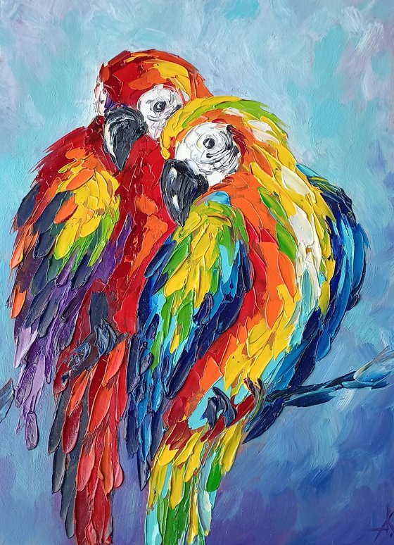 Parrots in love - oil painting, birds, parrots, birds oil painting, painting, gift, parrots art, art bird, animals oil painting