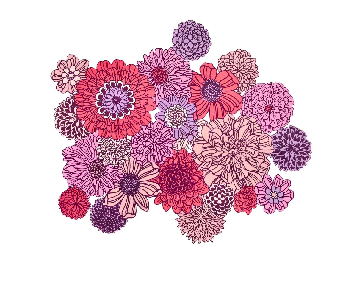Botanical Screenprint By Talia Russell, 14 X 11", Retro Wall Flowers In Pink, Original Artwork