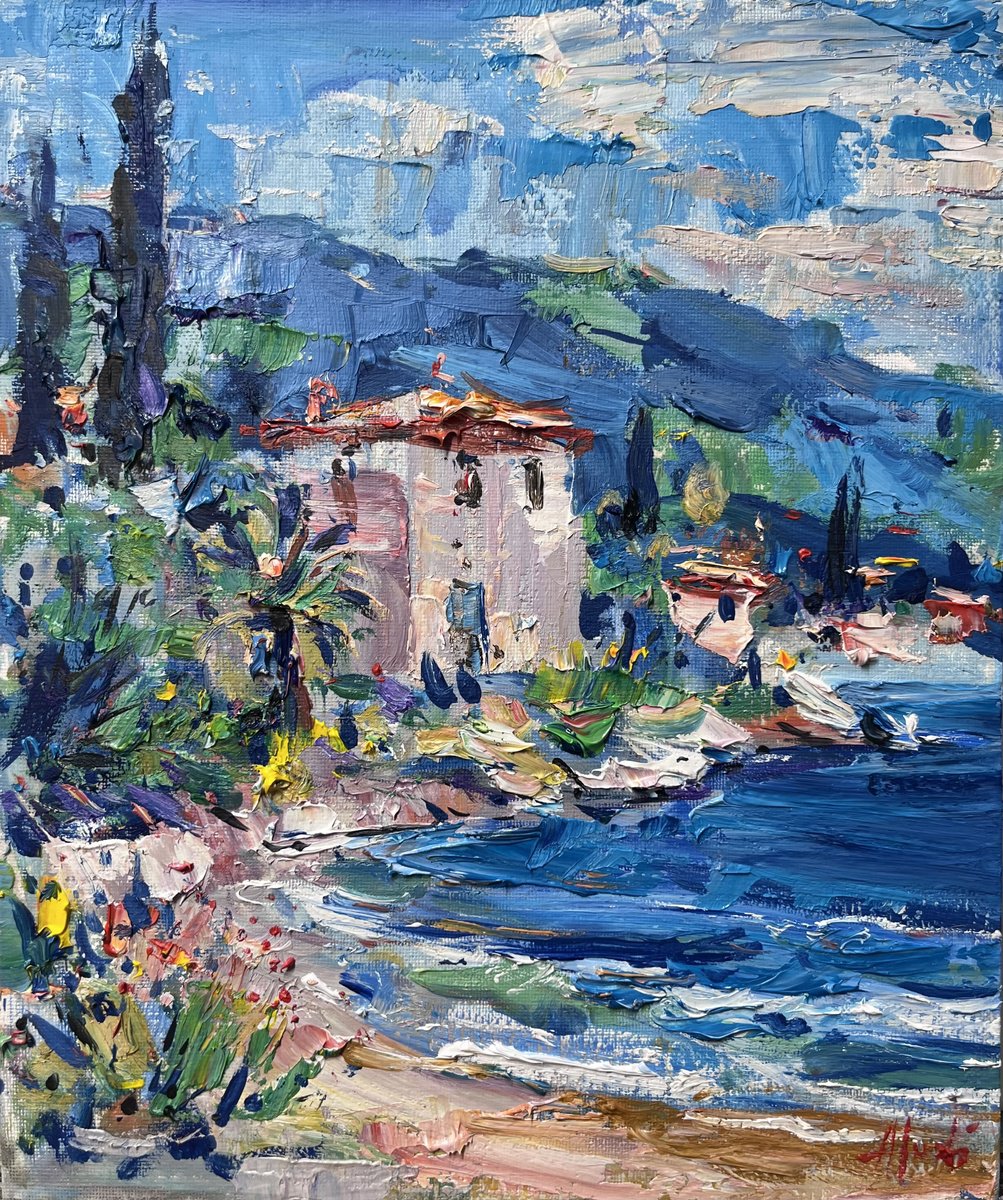 Expressive Cityscapes Oil Painting By Altin Furxhi, 10 X 12, Lago Di Garda Lake, Original Artwork