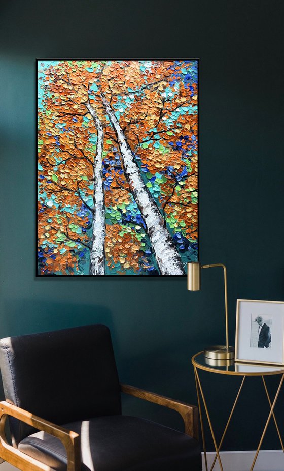 Entwined - 3D Textured Fall Gold Birch Trees Landscape Painting on Canvas, Original Abstract Nature Textured Tree Painting - SIZE: 24 X 32 INCHES (60 X 80 CM)