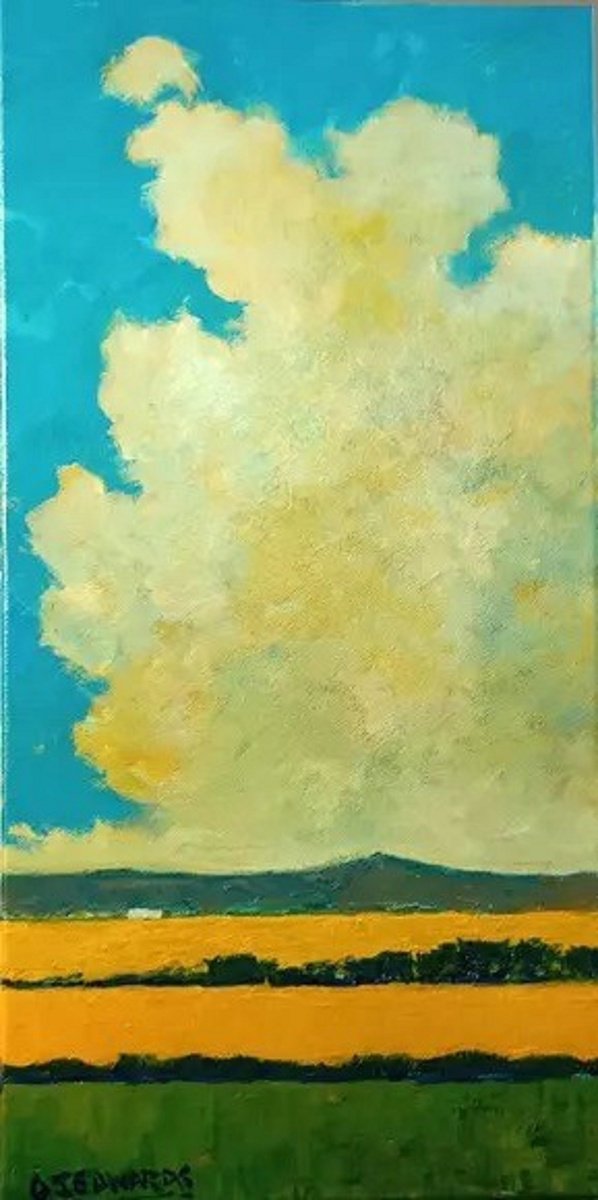 Impressionistic Landscape Acrylic Painting By David J Edwards, 10 X 20, Summer Clouds Over Golden Fields, Original Artwork