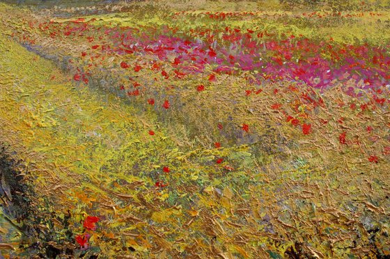 'June Poppy Meadow' Impressionistic Summer Landscape Oil Painting