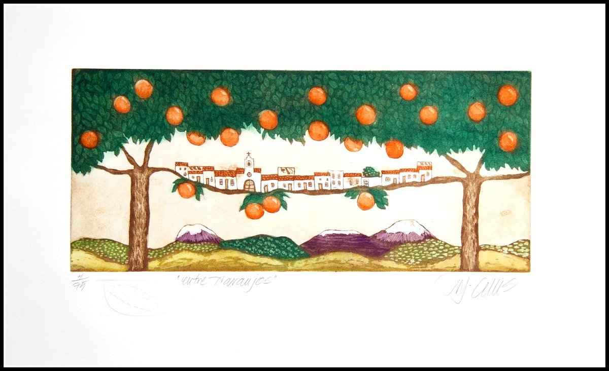 Illustrative Landscape Etchings & Engravings By Mariann Johansen-Ellis, 18 X 10", Amongst Orange Trees, Original Artwork