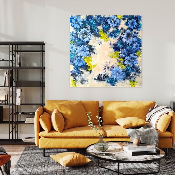 "Ultramarine Floral Harmony", XXL abstract flower painting