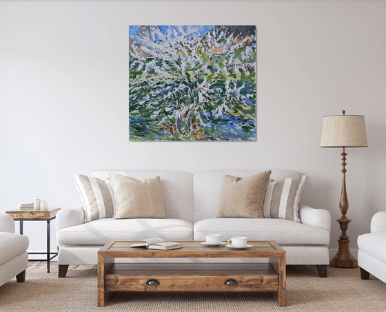 FLOWERING BUSH - original oil on canvas, floral landscape art, blooming tree plant, spring flower, interior decor