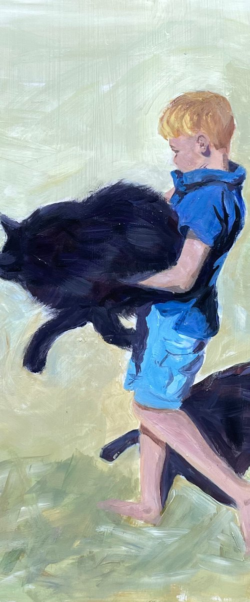Boy with big black cat by Shelly Du