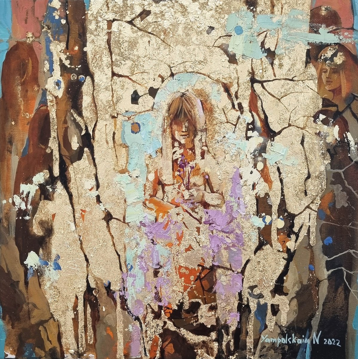 Portrait Oil Painting By Natalia Yampolskaia, 16 X 16", Immortelle Flowers Iii, Original Artwork