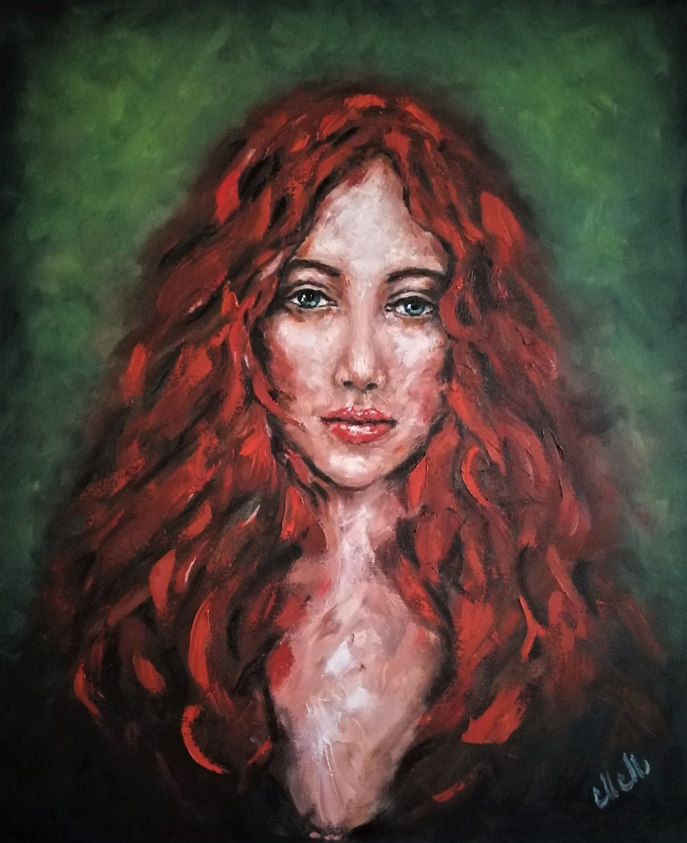 ORIGINAL PAINTING, portrait, beautiful girl, Redhead, oil on cardboard, painted in 2012 by Ukrainian artist F. sold Bobrik