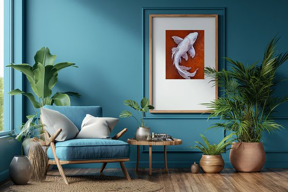White Koi on Terracotta Red