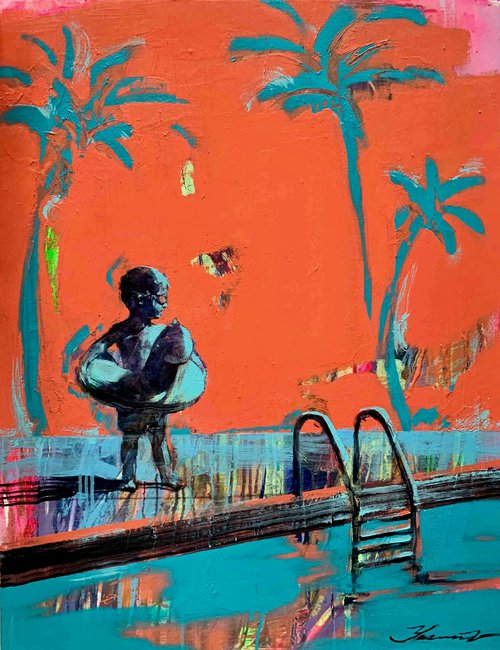 Bright summer painting - "Small swimmer" - Pop Art - Pool - Palms - Landscape - California - Nature - Orange&Blue by Yaroslav Yasenev
