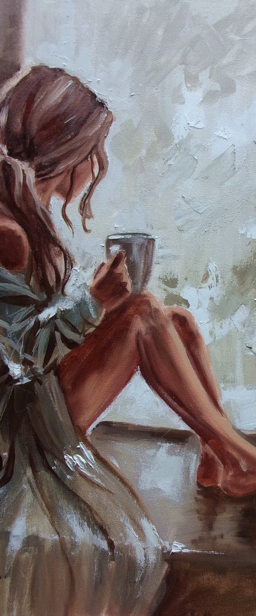" COFFEE TIME ... "-  liGHt  ORIGINAL OIL PAINTING, GIFT, PALETTE KNIFE (2021) by Monika Luniak