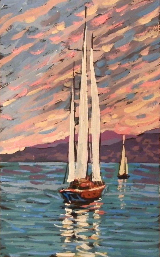 Yacht. original painting 28х18 cm