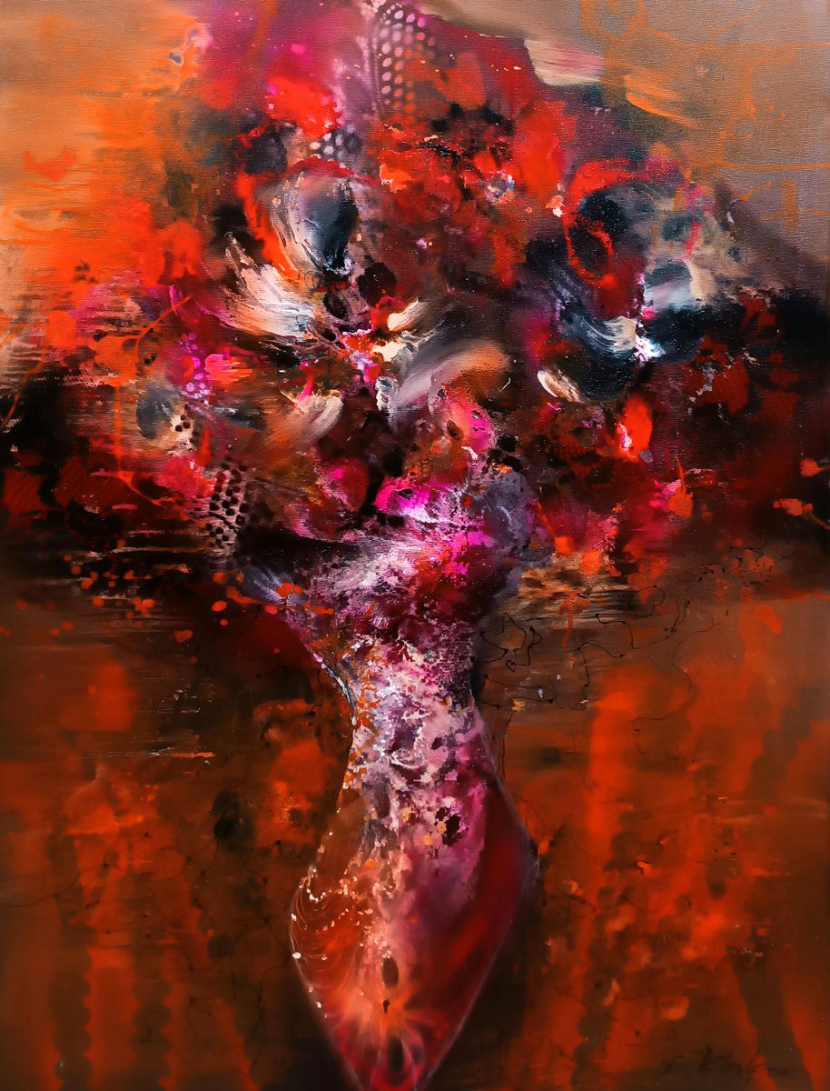 Expressive Still Life Acrylic Painting By Kloska Ovidiu, 24 X 31", The Floral Gravity, Original Artwork