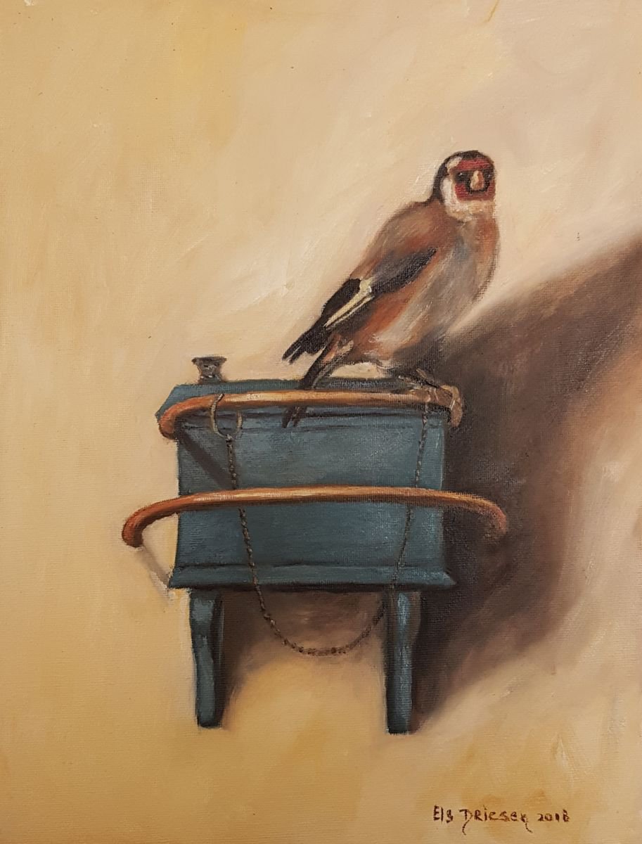 Impressionistic Animal Oil Painting By Els Driesen, 12 X 16, The Goldfinch, Original Artwork