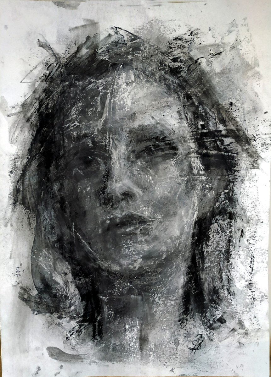 Expressive Portrait Charcoal Drawing By Sbboursot, 8 X 12", Abstract Woman 2, Original Artwork