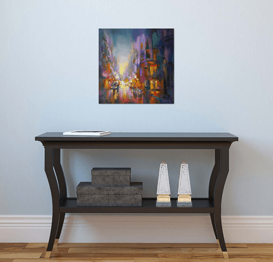 Painting Cityscape - Evening city, megapolis, evening lights, original oil art