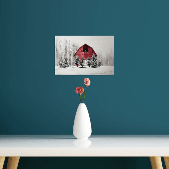 Red barn winter scene
