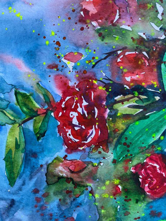 Abstract Flower Watercolor Painting, Roses Original Artwork, Red Floral Wall Art