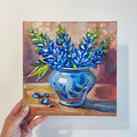 Blue Lupines in Vintage Vase.