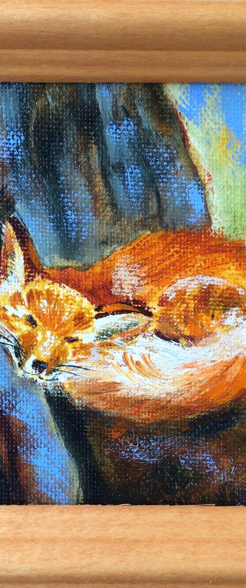 Sleeping fox oil painting - Animal original small canvas - Tiny framed artwork (2021) by Olga Ivanova