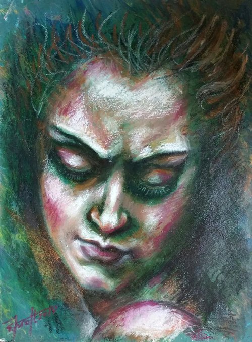 "Doubt I" Original oil and acrylic  painting on card board 30x40x0,2cm. by Elena Kraft