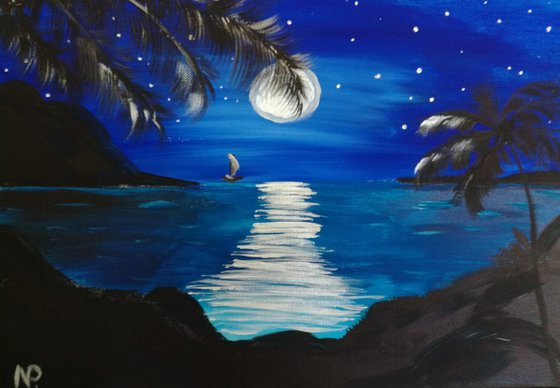 Dreams come true, sea, night, moon, seascape, original acrylic painting