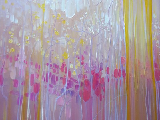 A Piece of Magic - a pink abstract painting with birds and wildflowers