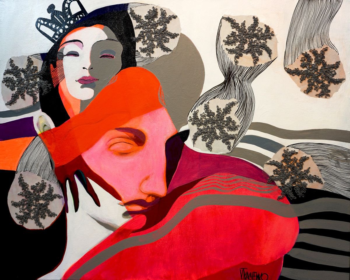 Surrealistic Portrait Acrylic Painting By Victor Tkachenko, 30 X 24", Queen Of Stripes, Original Artwork