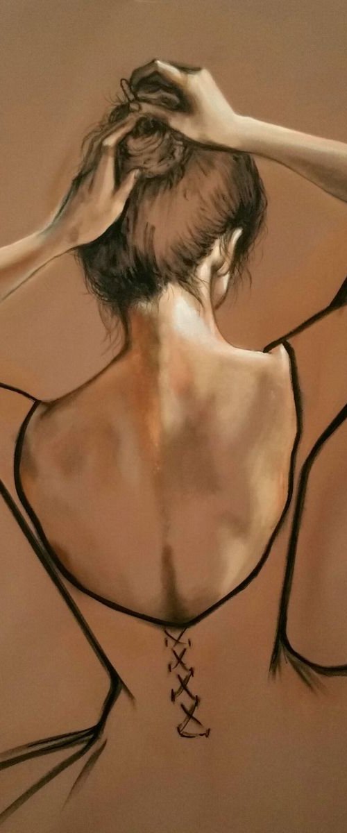 "Before performance I" Original acrylic painting on fabric 84x67x2cm.ready to hang by Elena Kraft