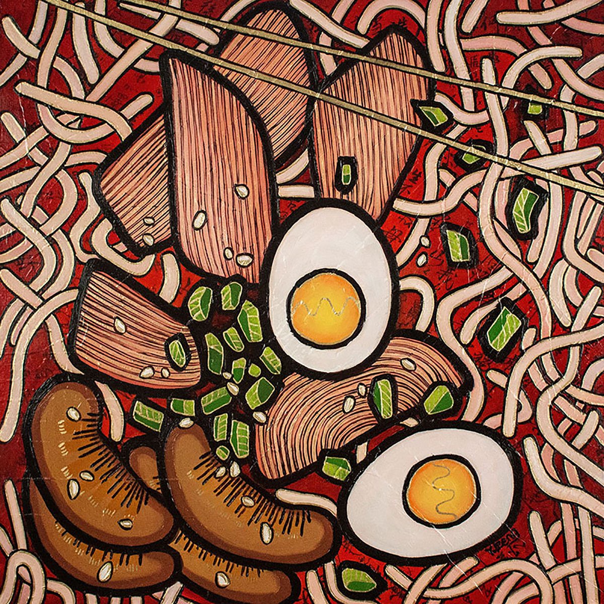 Organic Still Life Painting By Yue Zeng, 20 X 20", Ramen Noodle Chicken, Original Artwork