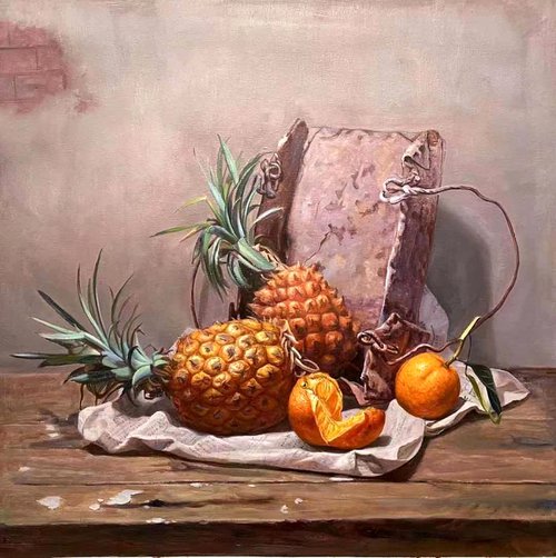 Still life:Pineapples and oranges by Kunlong Wang