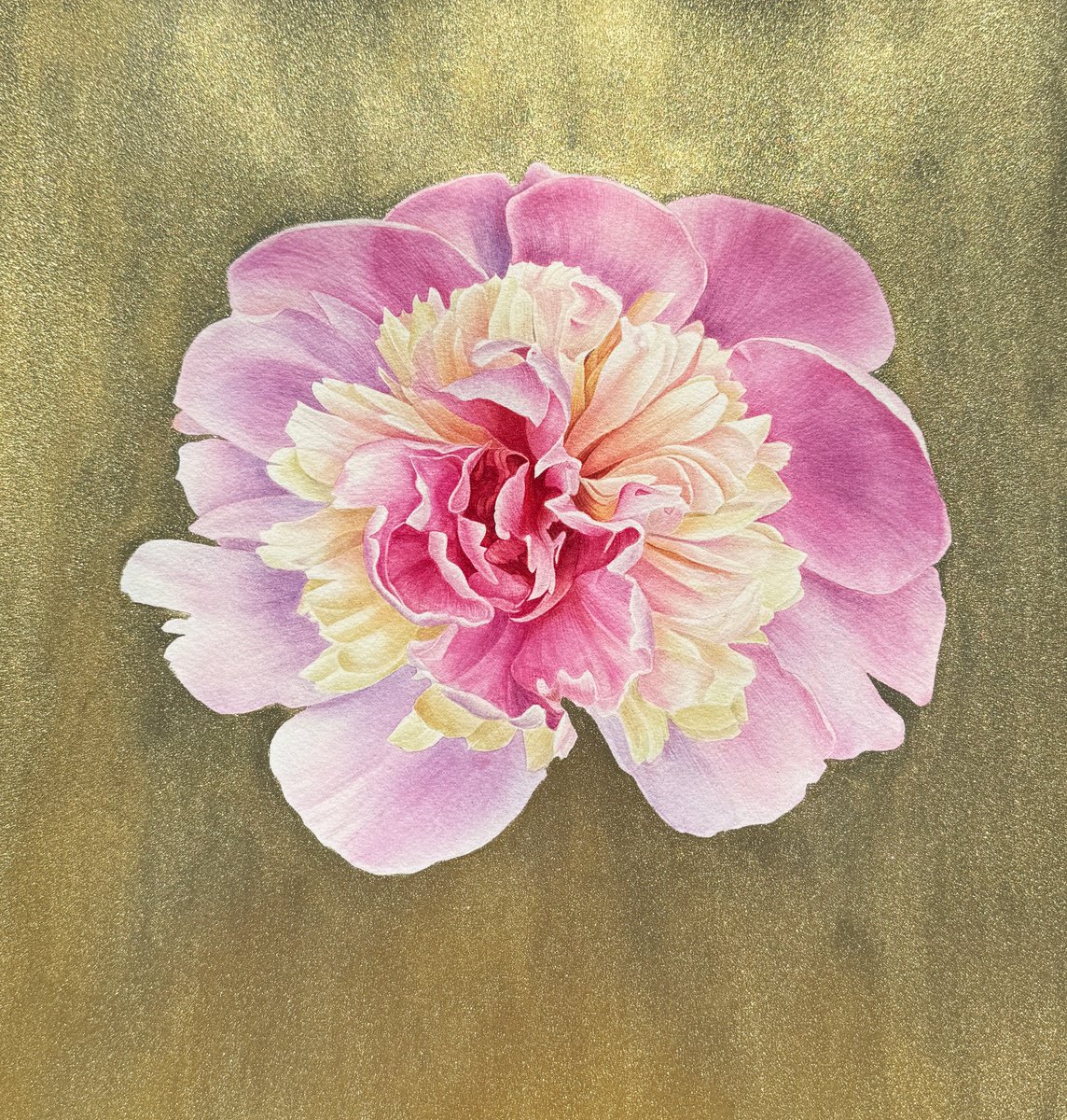 Photorealistic Watercolour , Pink Peony On A Gold Background Painting By Yuliia Prokopchuk, 16 X 17, Artwork For Sale On Artfinder