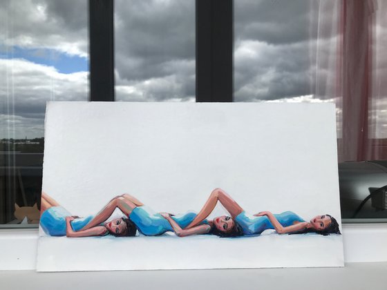 THREESOME - oil painting on cardboard, original gift, blue, woman, nude, erotics, original gift, home decor, pop art, office interior