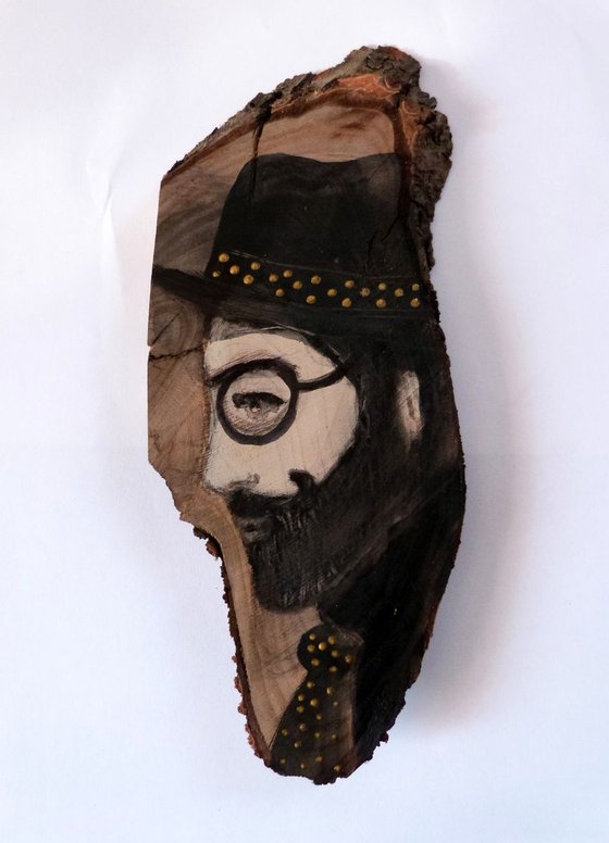 "Marcel" Man in black and gold on wood.
