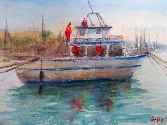 Alghero Boat, Sardinia | Original watercolor painting | Original Hand-painted Art Small Artist | Mediterranean Europe Impressionistic