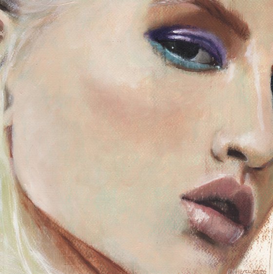 Alona - beauty oil painting of women female on paper dark purple and blue tones makeup closeup