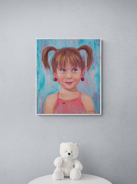 Girl with ponytails, ladybug and cherry earrings portrait