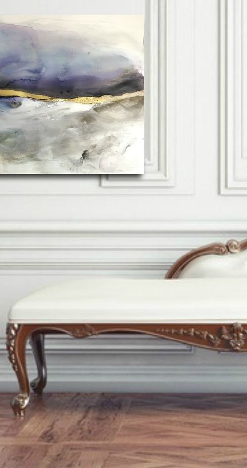 Abstract large landscape atmospheric neutral painting “Silence” by Henrieta Angel