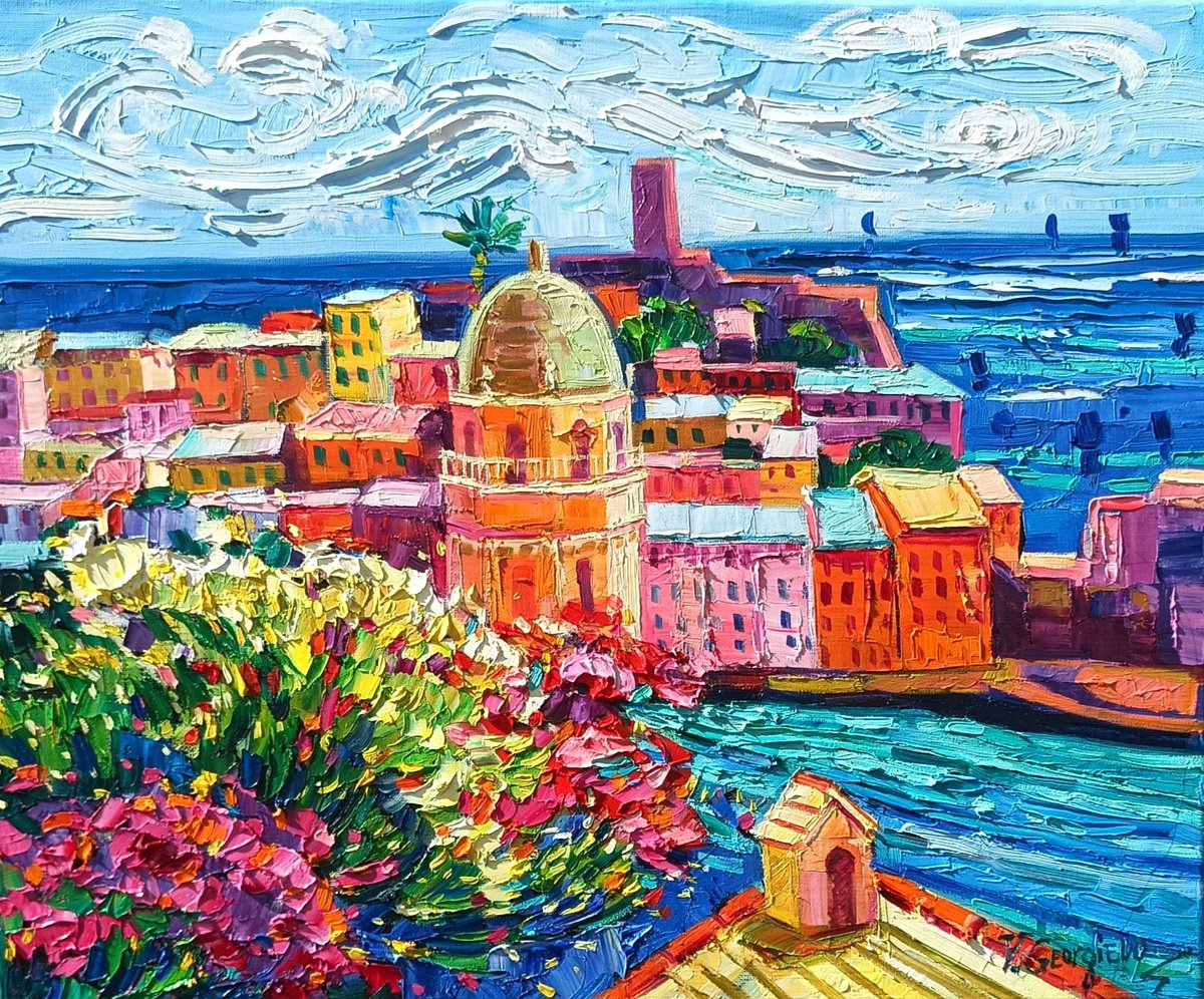 Impressionistic Landscape Oil Painting By Vanya Georgieva, 24 X 20", Sunny Day In Vernazza, Original Artwork