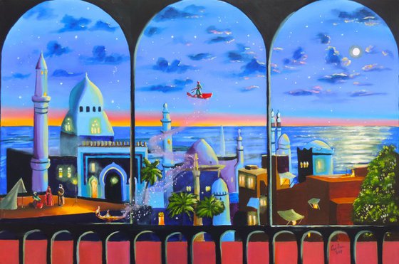 "Aladdin's flight" oil on canvas painting