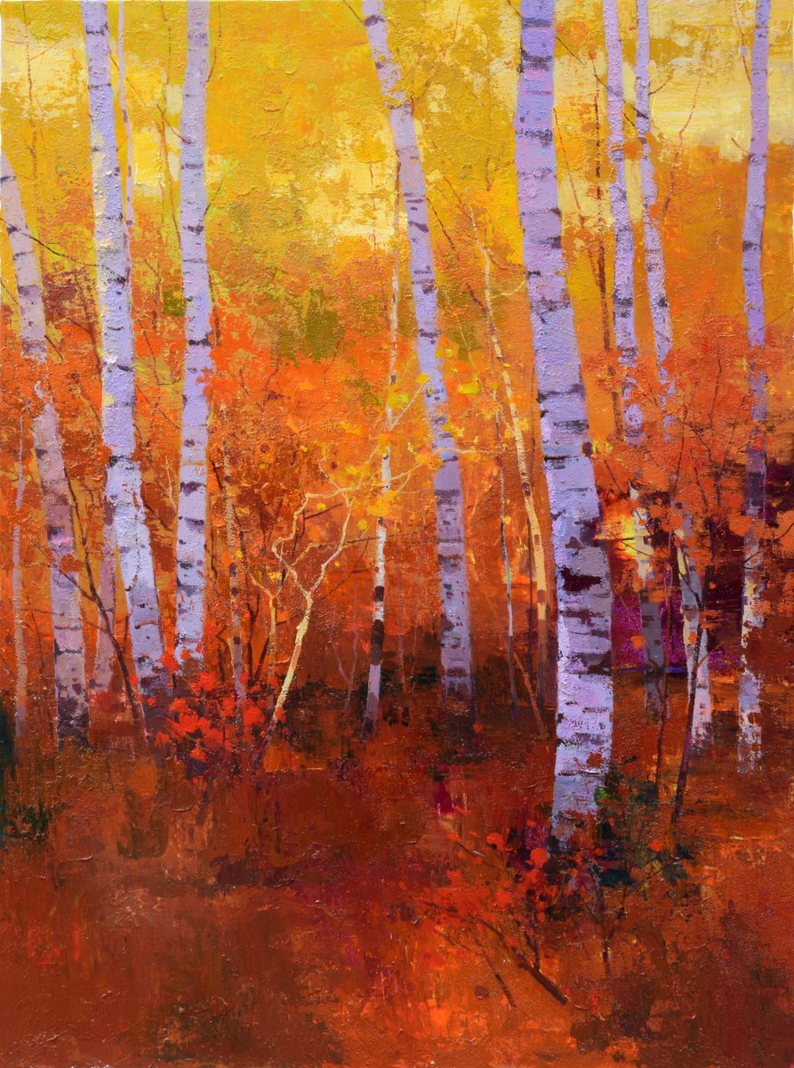 Impressionistic Landscape Acrylic Painting By Jianzhe Chon, 35 X 47, Birch Trees Forrest 089, Original Artwork