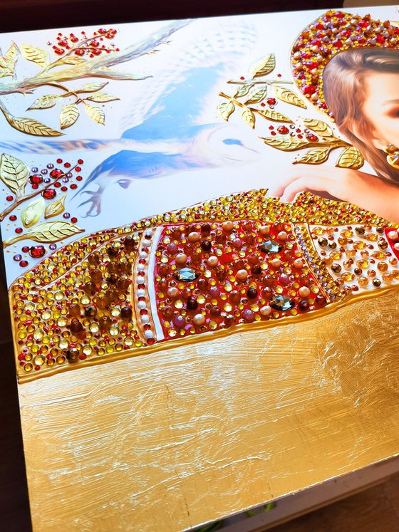 Queen \ Princess - Mixed media photo collage with precious stones, rhinestones, gold petal