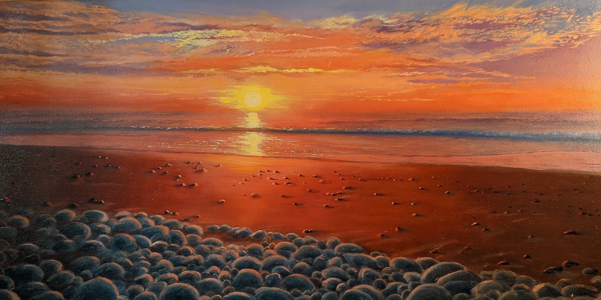 Photorealistic Landscape Oil Painting By Artem _Ar.ko, 31 X 16, Evening Sunset Light, Original Artwork