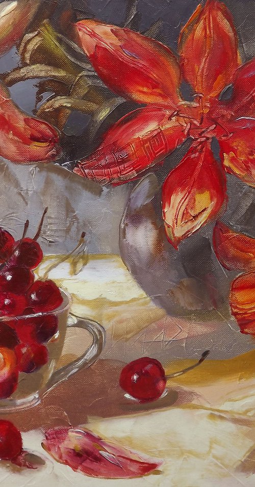 Cup with sweet cherries by Silvija Drebickaite