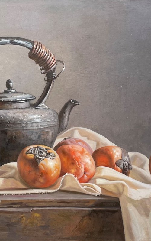 Still life:teapot  and persimmons by Kunlong Wang