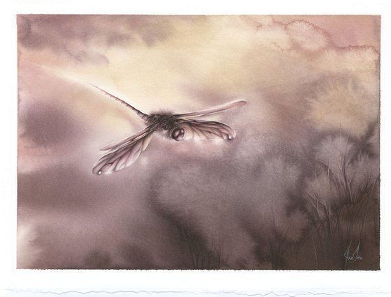 Glimpse VIII - Sunset Dragonfly Watercolor Painting