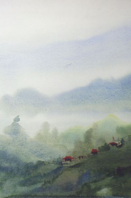 Morning Himalaya Landscape - Watercolor on paper by Samiran Sarkar