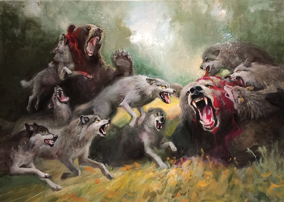 Expressive Oil Painting , Battle Of Wolves And Bears By Helinda (Olga Muller), 28 X 20, Artwork For Sale On Artfinder