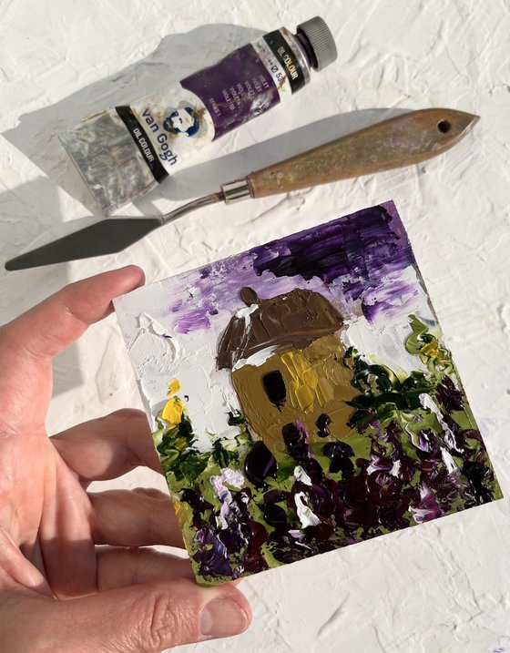 Tuscany. Tiny Cottage in lavender field. Original oil impasto painting