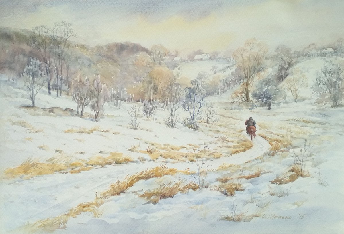 Winter landscape with a horse rider / Countryside scene Snow hills painting by Olha Malko